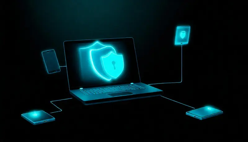 Endpoint protection and device security concept — glowing laptop with shield overlay and connected devices